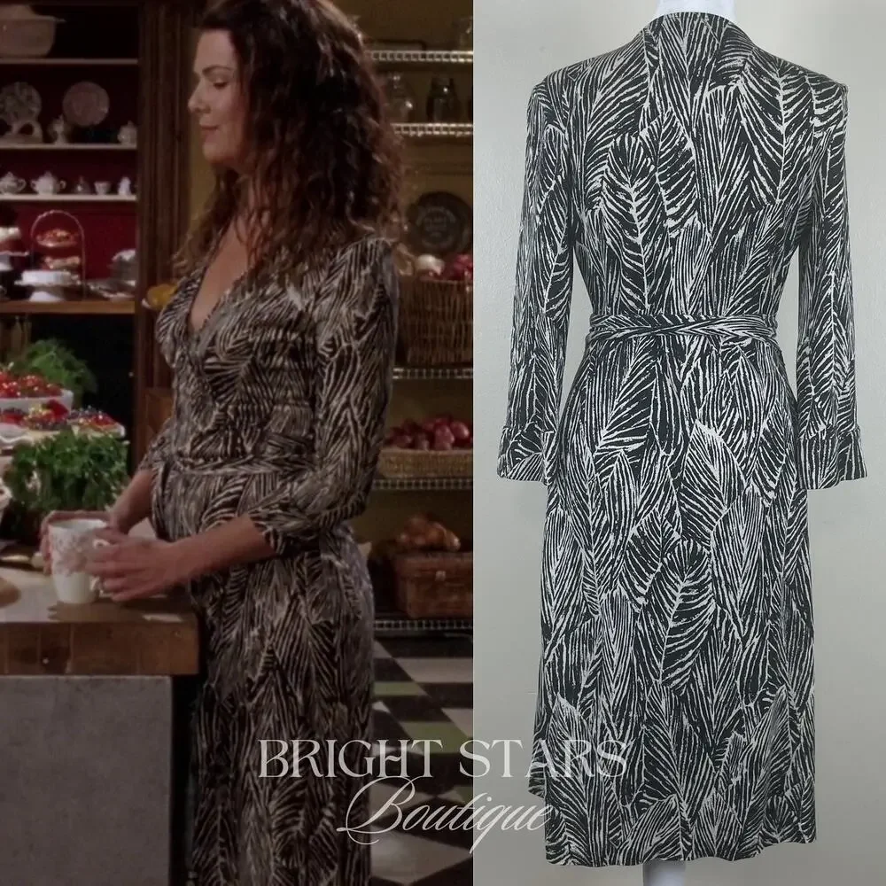 Rare Vintage Silk Wrap Dress B&W Leaf Print As Seen On Lorelai Gilmore Girls - Picture 2 of 11